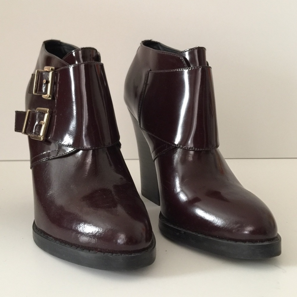 Aldo Patent Leather Burgundy Buckle Ankle Boots
